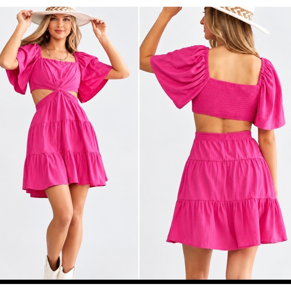 Willow & Root Fuchsia Pink Cutout Tiered Mini Dress XS B3SD1066BU